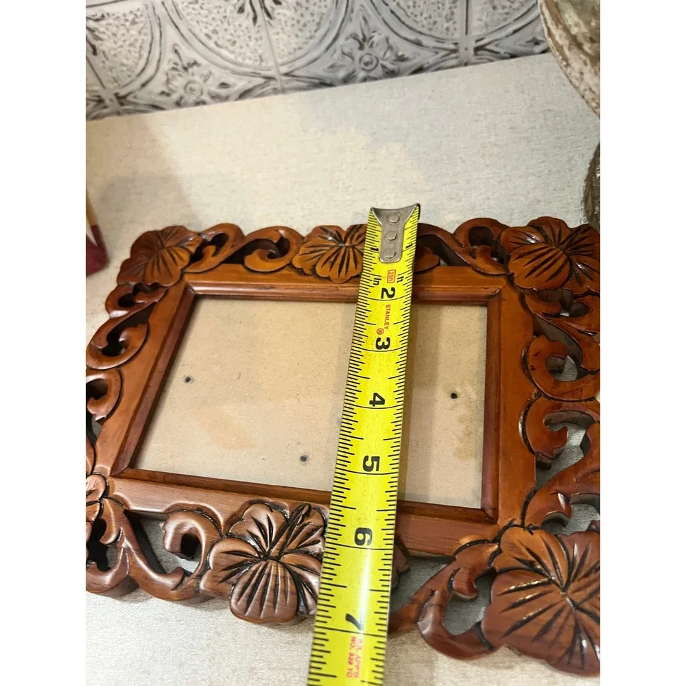 Vintage Hand Carved Wood Floral Picture Frame Boho Tropical Wall Decor 5.5x3x5